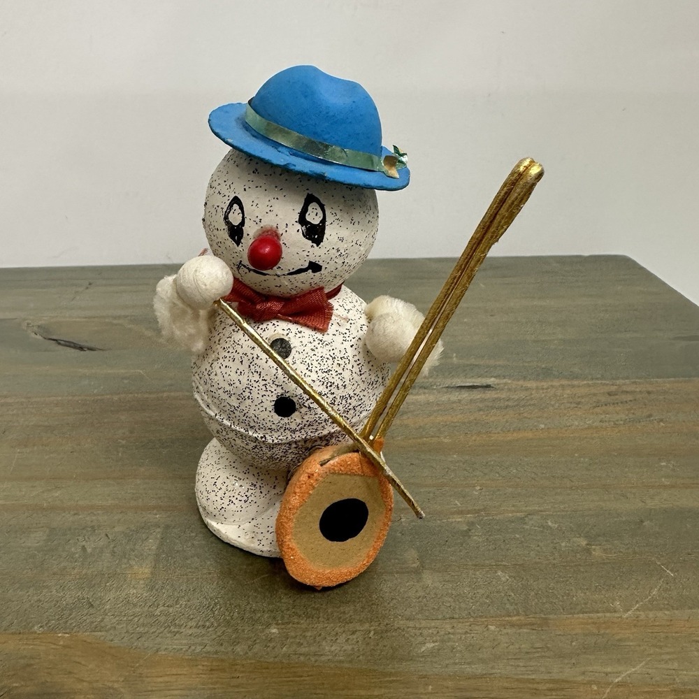 VTG Putz Mica Spun Cotton Blue Hat Snowman Musician Christmas Japan Paper Mache